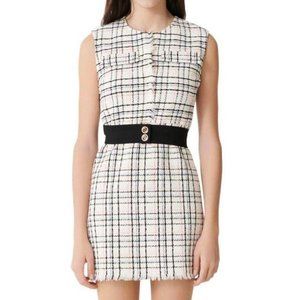 MAJE Rianey tweed mini sleeveless dress with elastic belt and colorful detailing